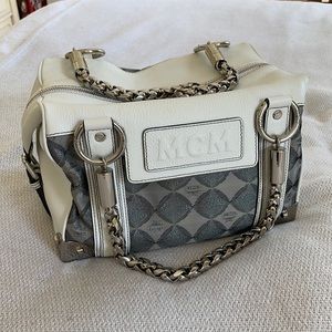 MCM WHITE LEATHER & FABRIC LOGO SATCHEL-AUTHENTIC